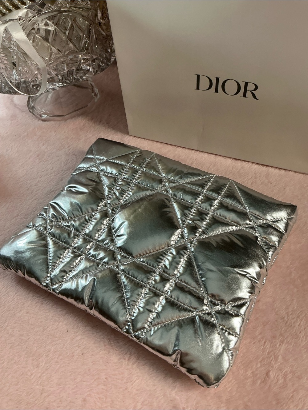 Dior Beauty Silver Metallic Cannage Puffy Cosmetic Bag GWP